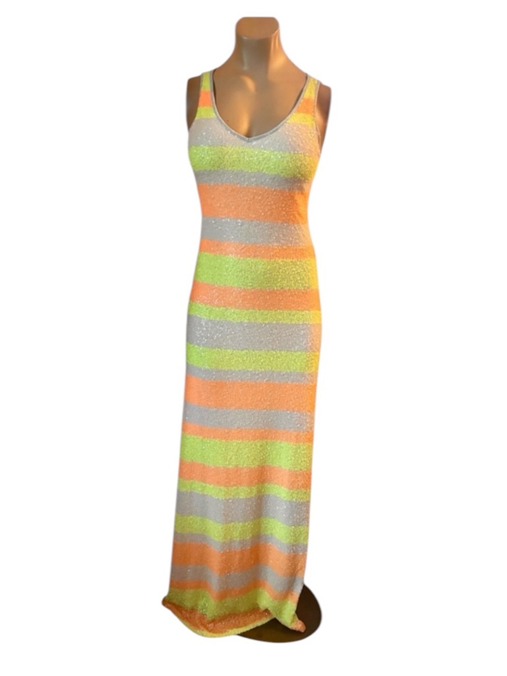 Sleeveless Glitter Stripe Maxi Dress in Silver, Orange & Lime